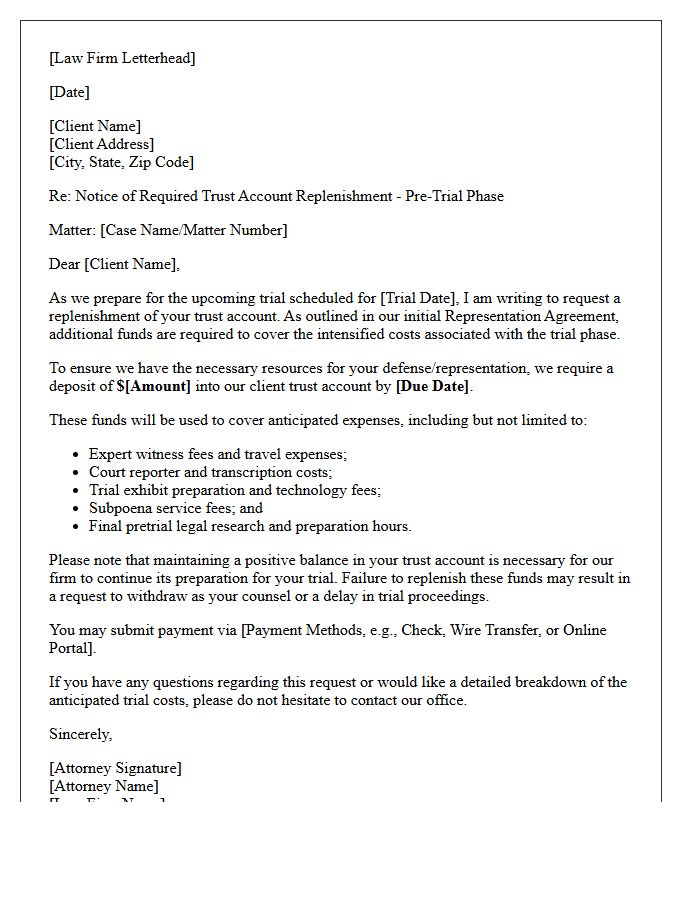 Pre-Trial Trust Account Replenishment Letter