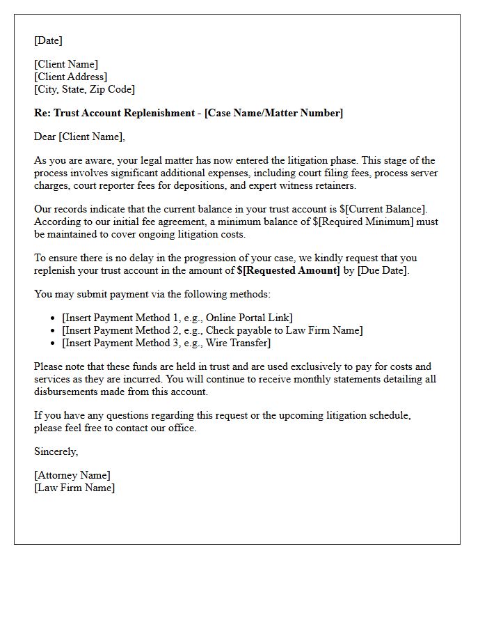 Litigation Phase Trust Account Replenishment Letter