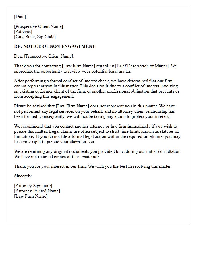 Law Firm Non-Engagement Letter Regarding Conflict of Interest