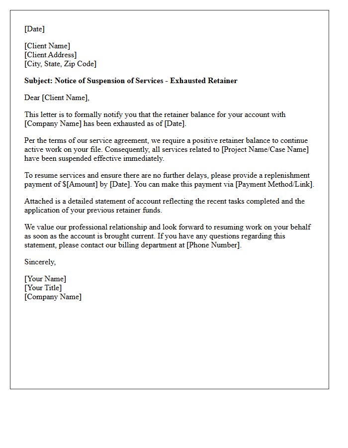 Suspension of Services Due to Exhausted Retainer Letter