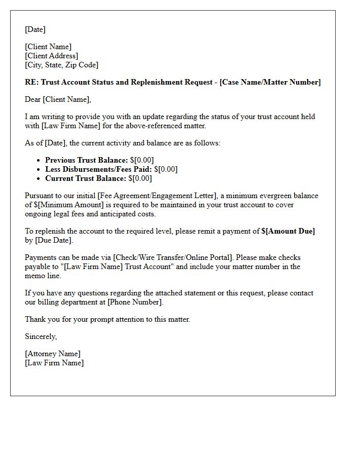 Trust Account Balance Update and Replenishment Letter