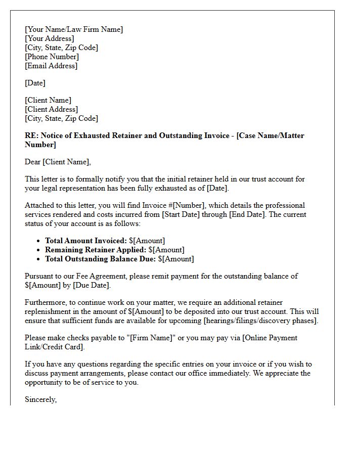 Notice of Exhausted Retainer and Outstanding Invoice Letter