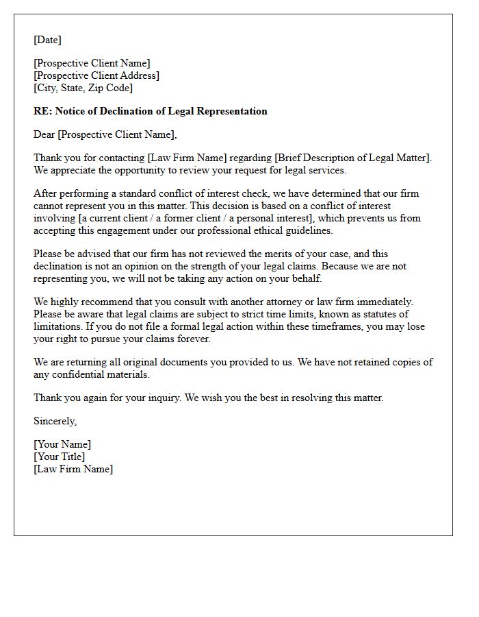 Conflict of Interest Declination Letter for Legal Services
