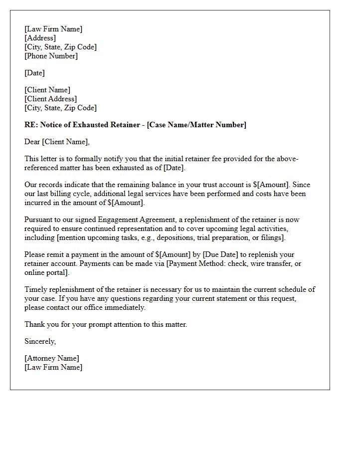 Standard Notice of Exhausted Retainer Letter