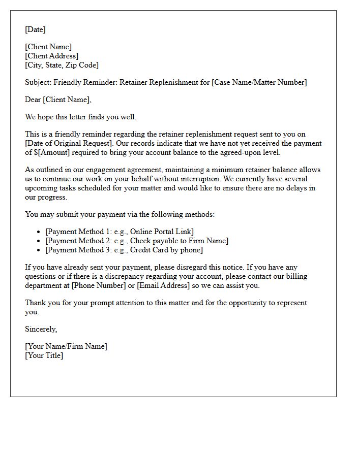 Friendly First Notice Of Overdue Retainer Replenishment Letter