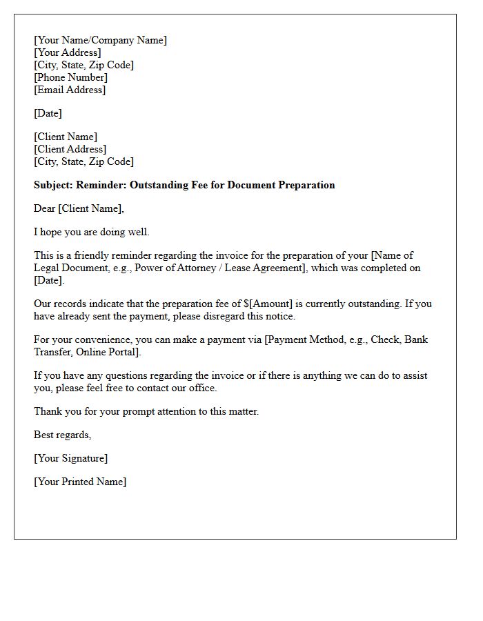 Initial Friendly Unpaid Legal Document Preparation Fee Letter