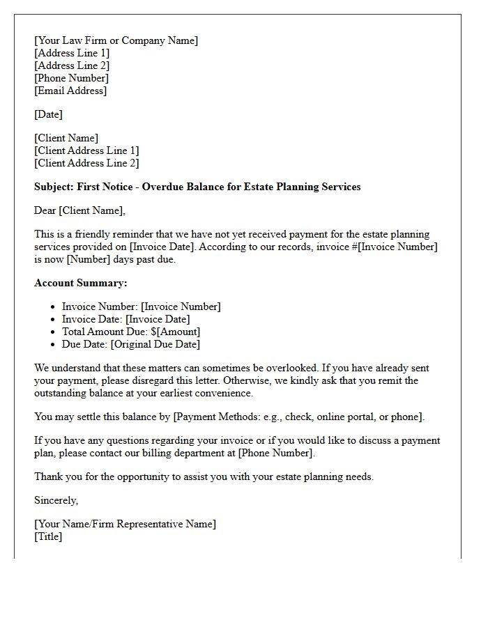 First Notice Of Overdue Estate Planning Services Letter