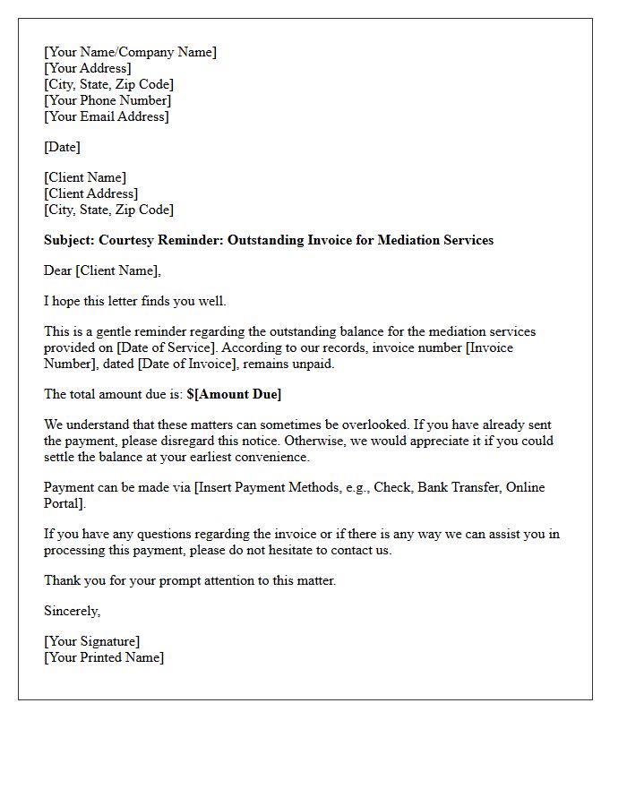 Initial Gentle Reminder For Unpaid Mediation Services Letter