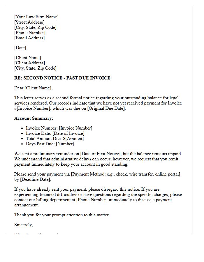 Second Notice Past Due Legal Services Invoice Letter