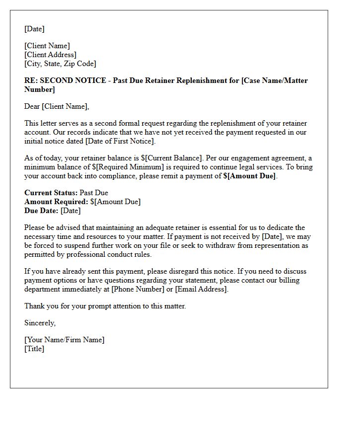 Past Due Retainer Replenishment Second Notice Letter