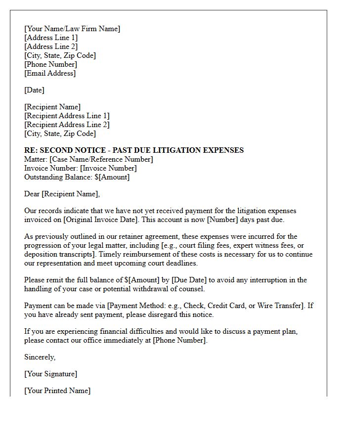 Second Notice Past Due Litigation Expenses Invoice Letter