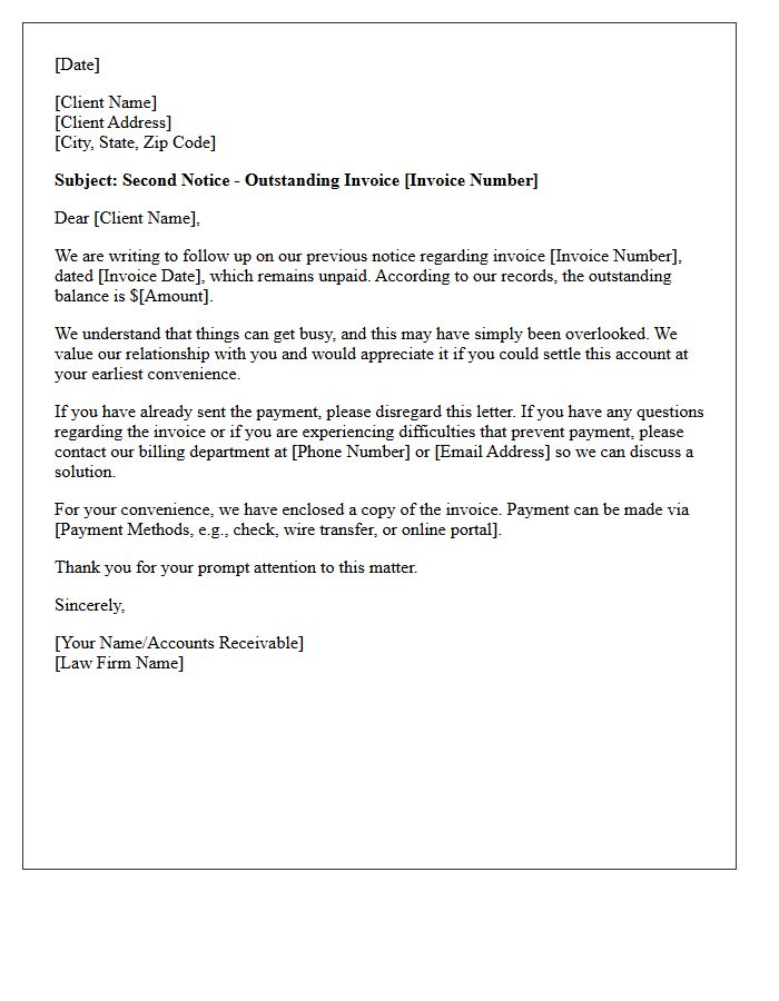 Amicable Second Notice Outstanding Law Firm Invoice Letter