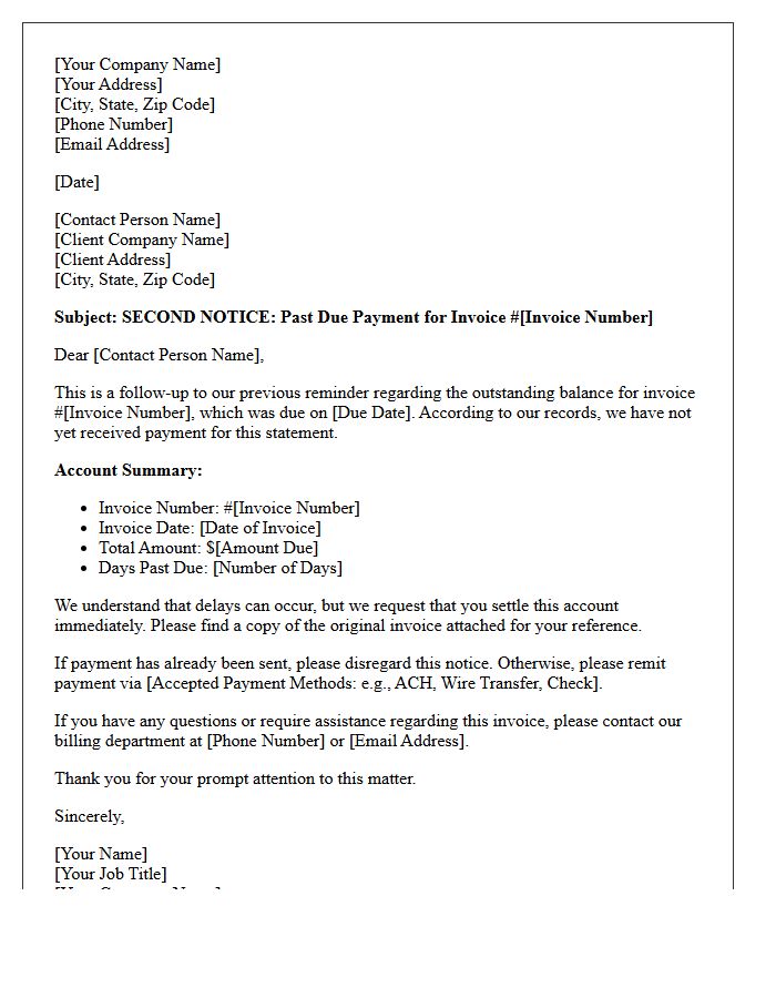 Corporate Client Past Due Invoice Second Notice Letter