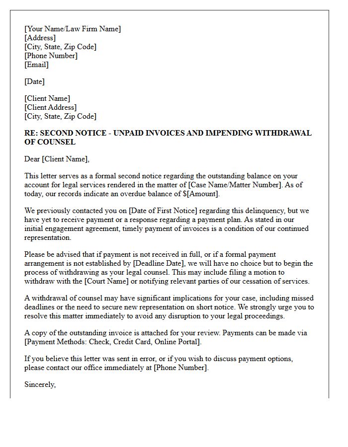 Impending Counsel Withdrawal Second Notice Invoice Letter
