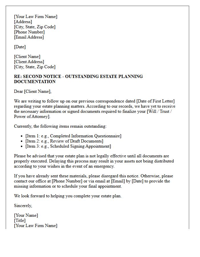 Outstanding Estate Planning Services Second Notice Letter