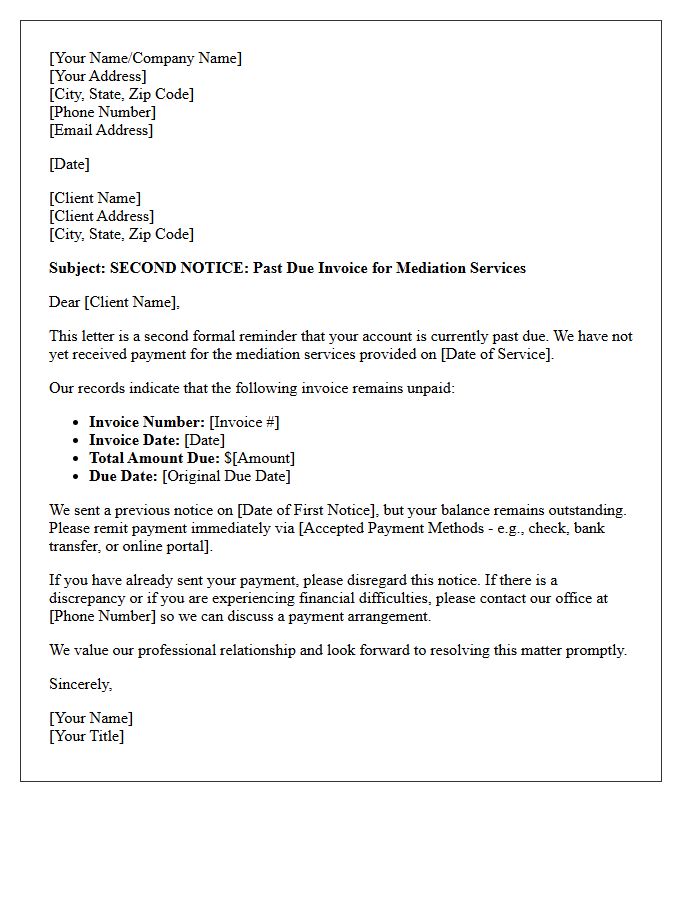 Second Notice Past Due Mediation Services Invoice Letter