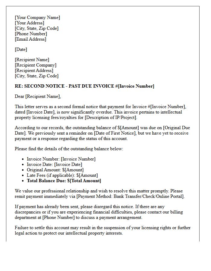 Second Notice Past Due Intellectual Property Invoice Letter