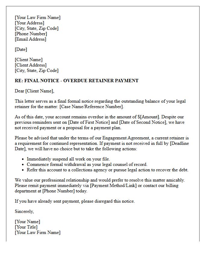 Final Notice of Overdue Legal Retainer Payment Letter