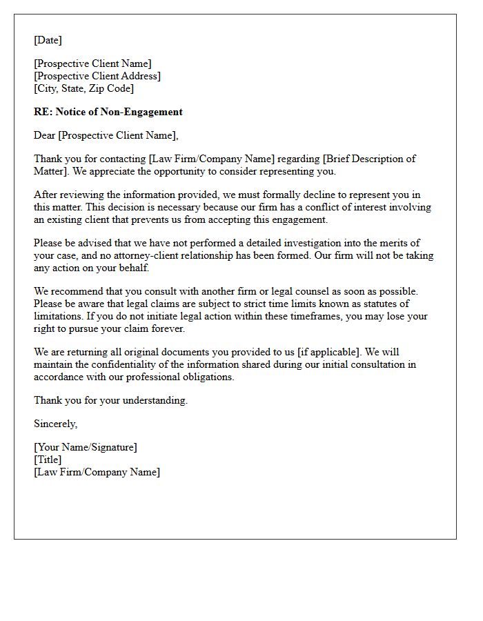 Non-Engagement Letter Citing Existing Conflict of Interest