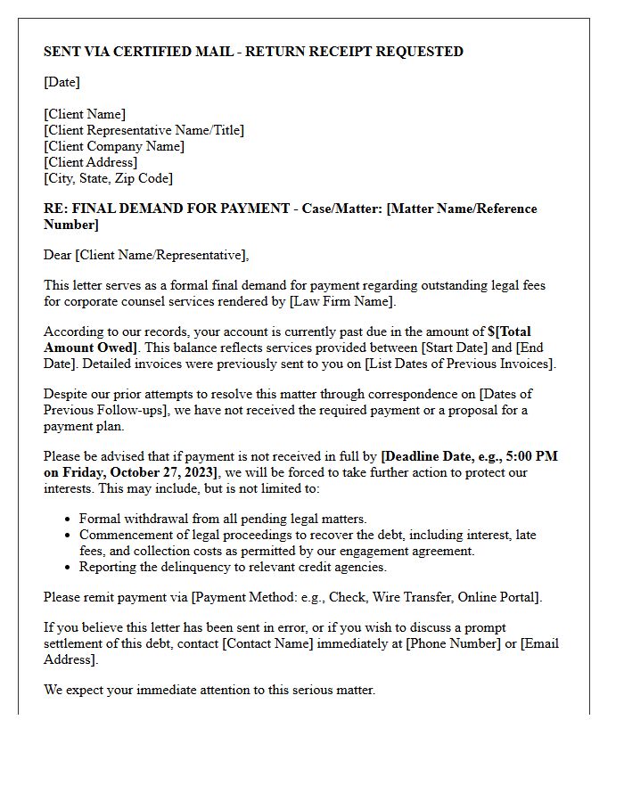 Final Demand for Unpaid Corporate Counsel Services Letter
