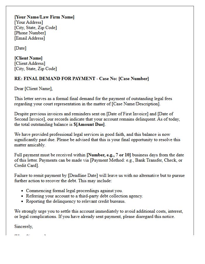 Final Demand for Outstanding Court Representation Fees Letter