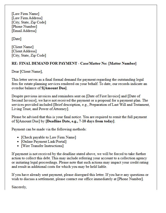 Final Demand for Unpaid Estate Planning Legal Fees Letter