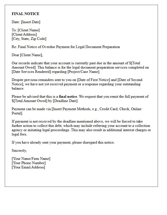 Final Notice of Overdue Legal Document Preparation Fees Letter