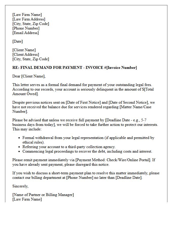 Final Demand for Delinquent Law Firm Invoice Letter