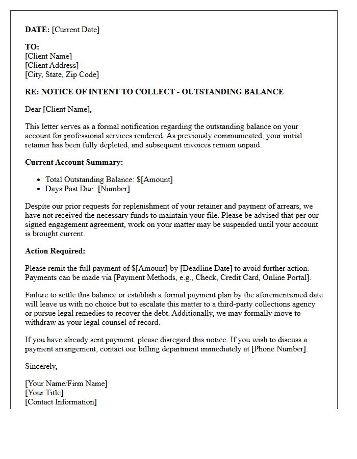 Outstanding Retainer Depletion Collections Intent Letter