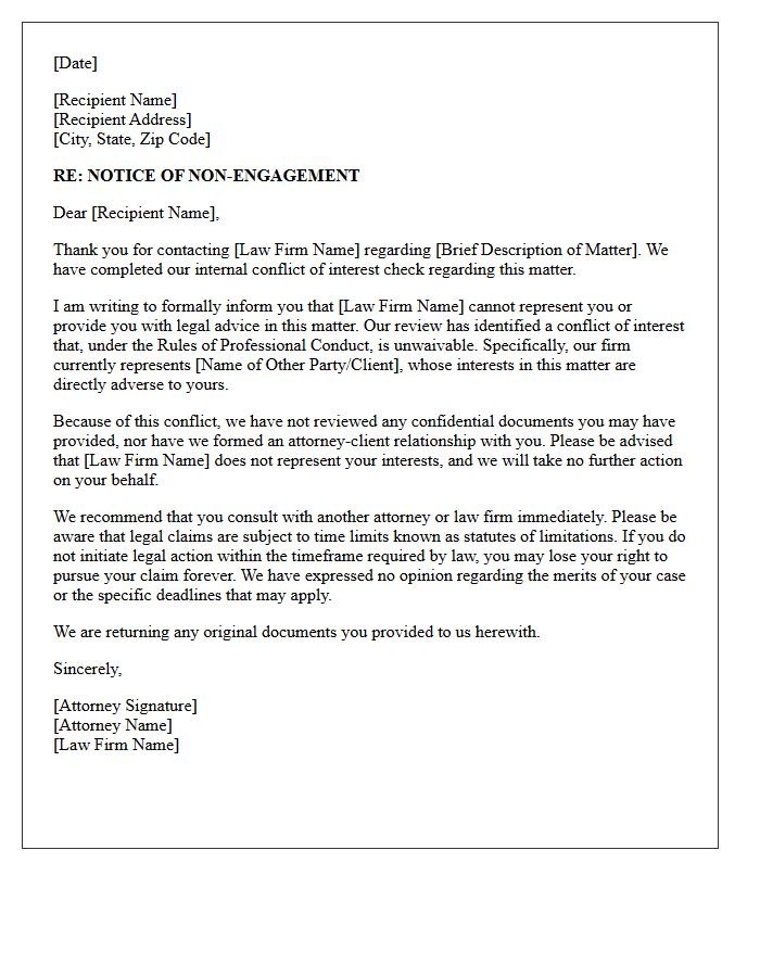 Unwaivable Conflict of Interest Non-Engagement Letter