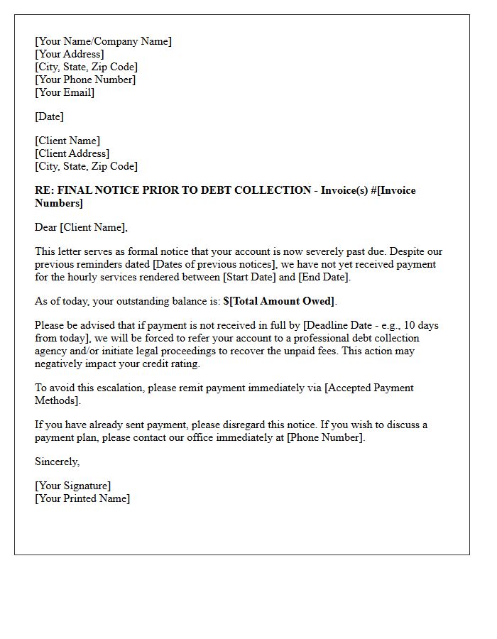 Notice of Intent to Send Unpaid Hourly Fees to Collections Letter