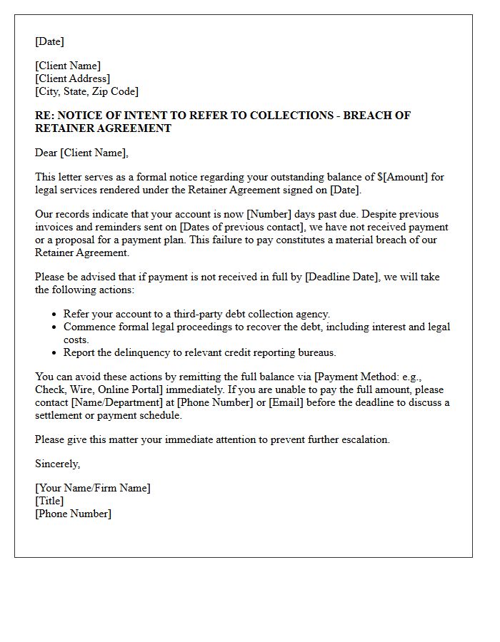 Breach of Retainer Agreement Collections Referral Warning Letter
