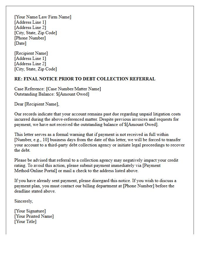 Pre-Collections Warning for Unpaid Litigation Costs Letter