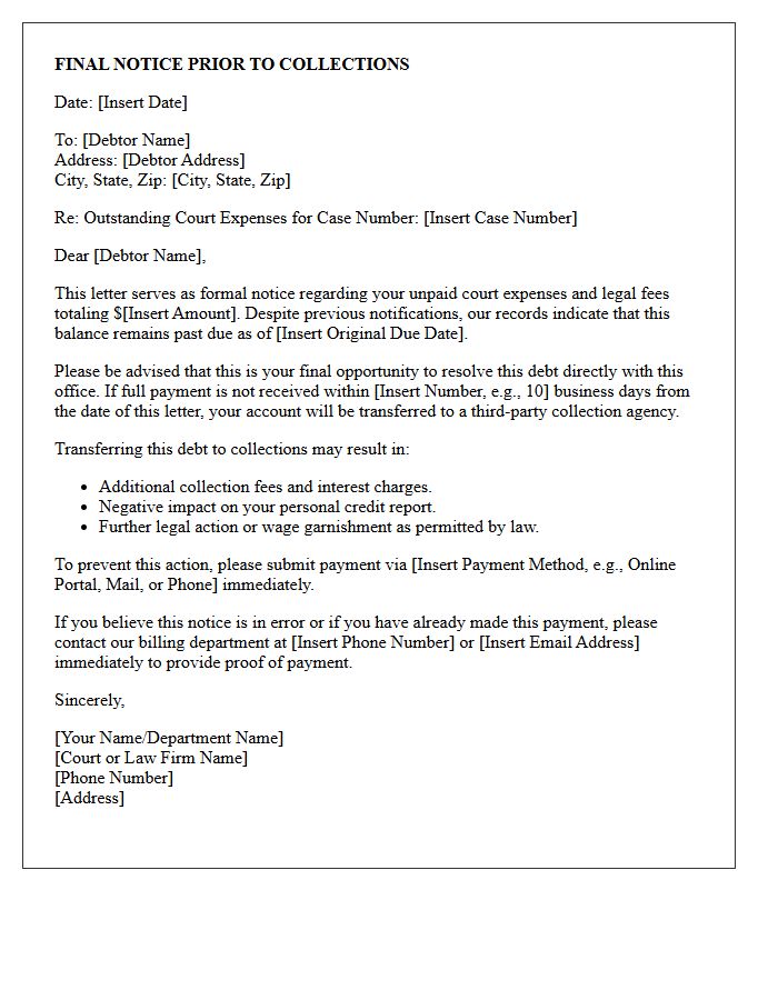 Notice of Intent to Send Outstanding Court Expenses to Collections Letter