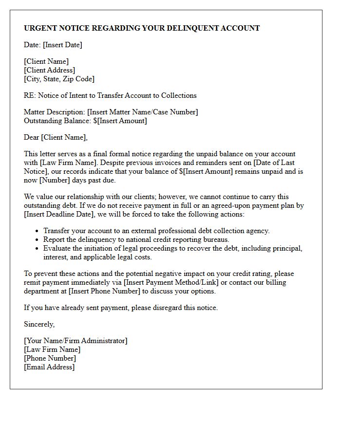 Law Firm Delinquent Account Collections Transfer Warning Letter