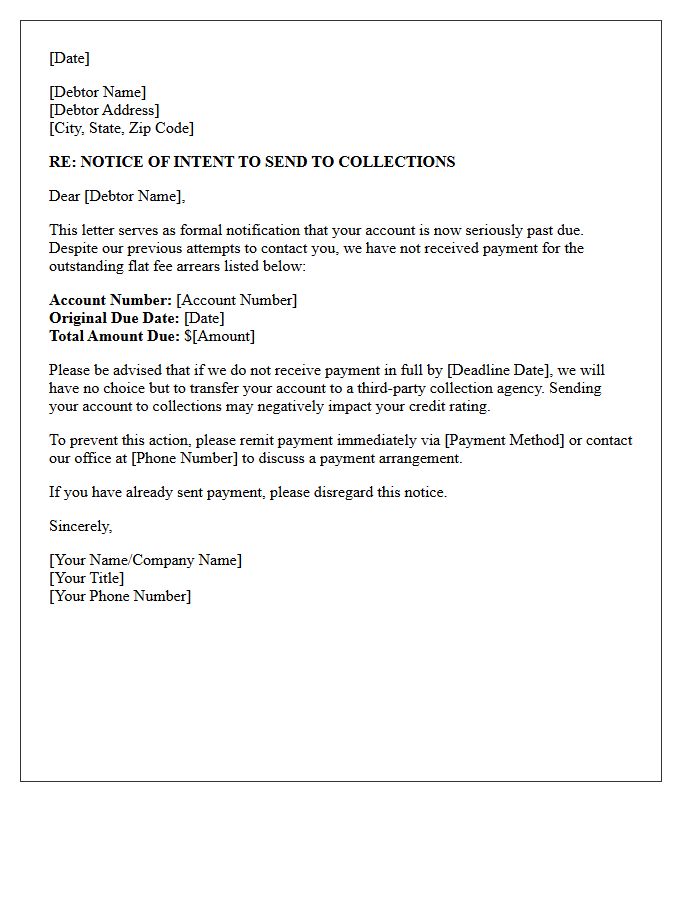 Notice of Intent to Send Flat Fee Arrears to Collections Letter