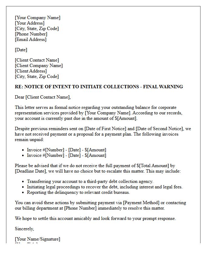 Unpaid Corporate Representation Fees Collections Intent Letter