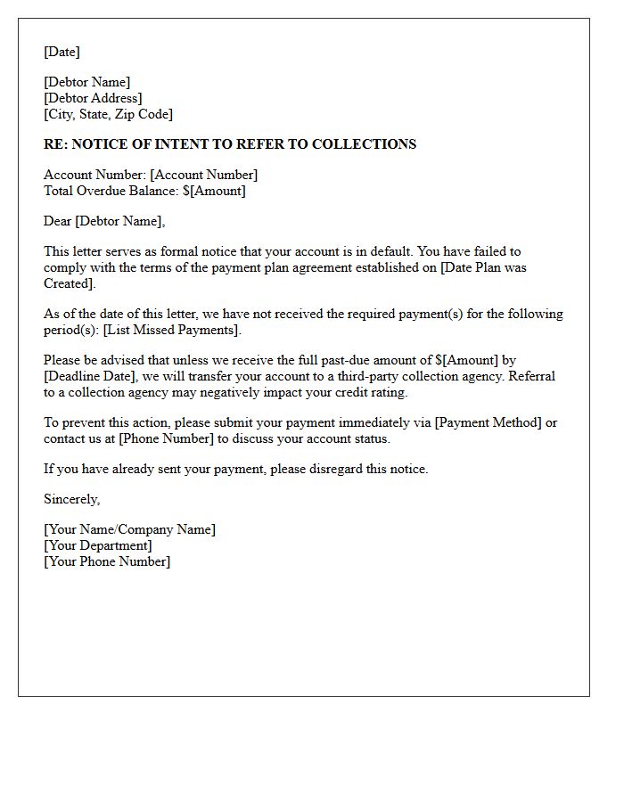 Notice of Intent to Send Defaulted Payment Plan to Collections Letter