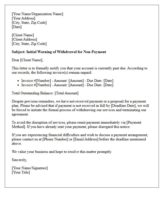 Initial Warning of Withdrawal for Non-Payment Letter