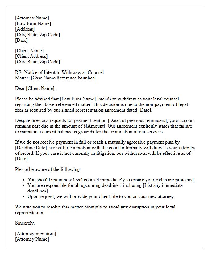Client Notification of Attorney Withdrawal for Unpaid Fees Letter