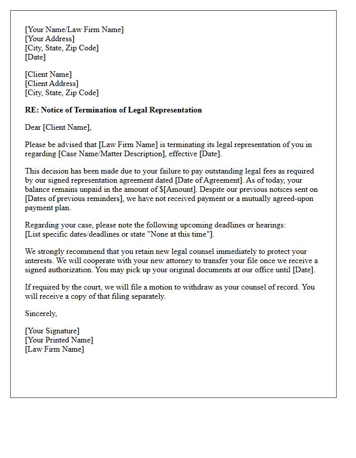 Termination of Legal Services Due to Non-Payment Letter