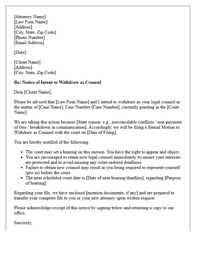 Notice of Motion to Withdraw as Counsel Letter