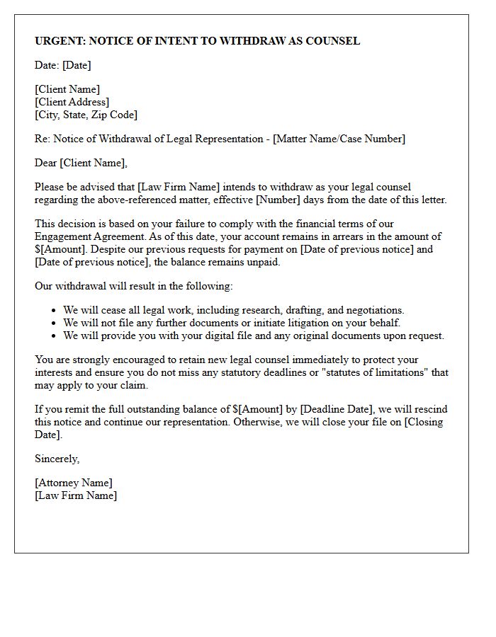 Pre-Litigation Counsel Withdrawal Due to Arrears Letter