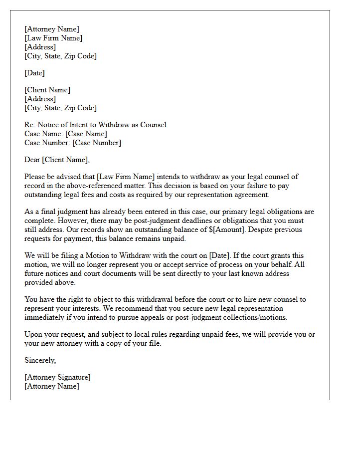 Post-Judgment Withdrawal of Counsel for Non-Payment Letter