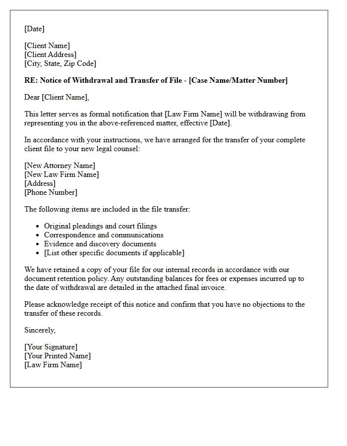 Notice of Withdrawal and Transfer of Client File Letter