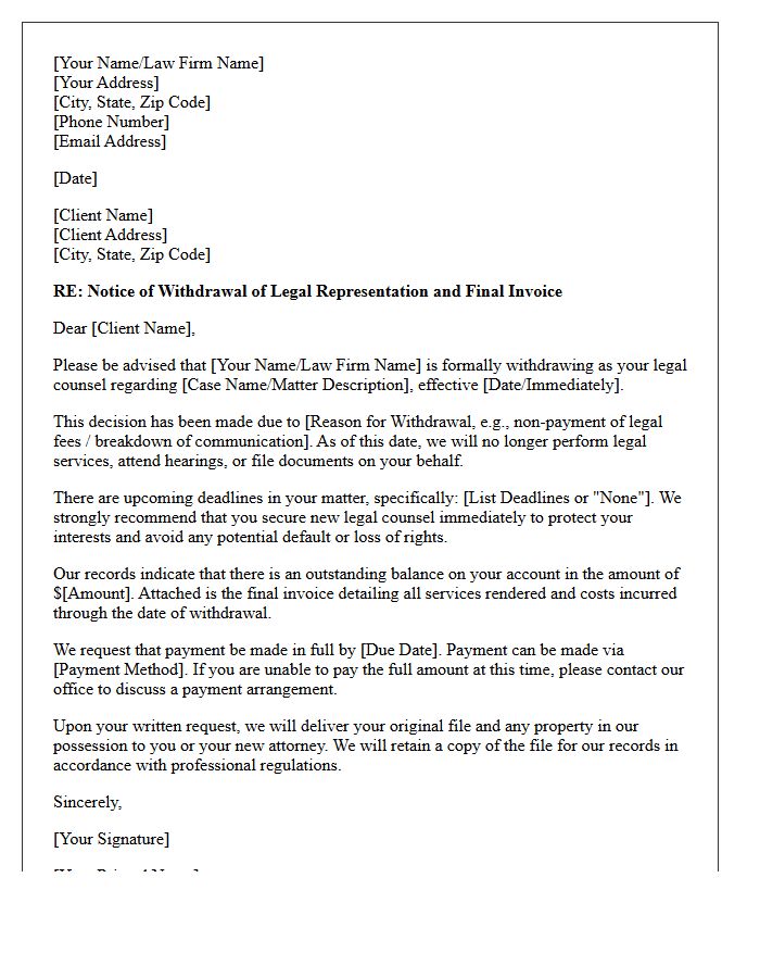 Withdrawal of Legal Representation and Outstanding Fee Letter