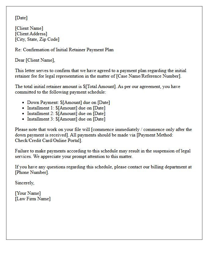 Initial Retainer Payment Plan Agreement Confirmation Letter