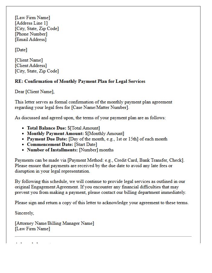 Monthly Legal Services Payment Plan Agreement Confirmation Letter