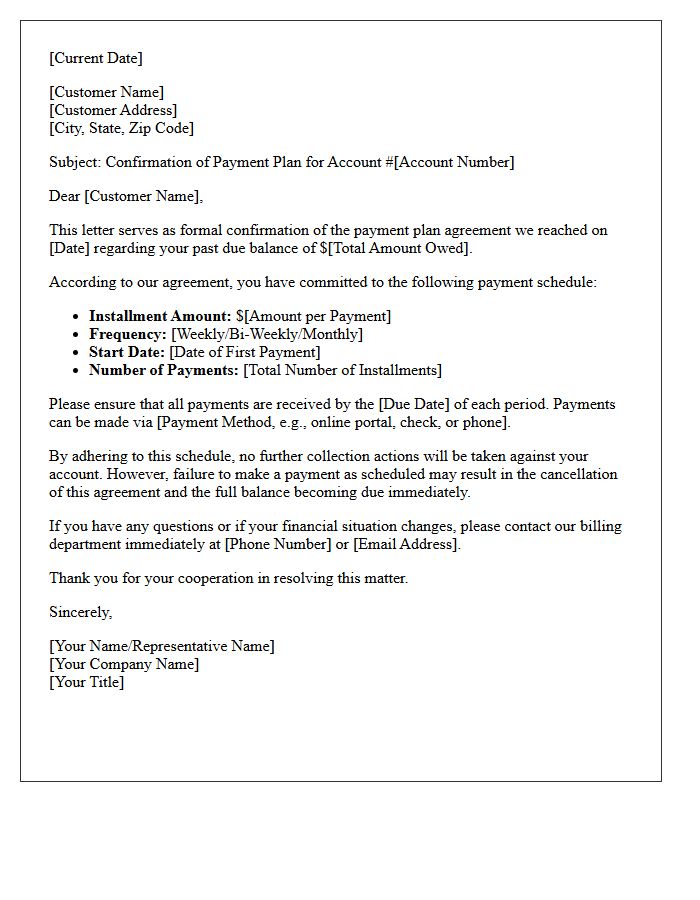 Past Due Account Payment Plan Agreement Confirmation Letter