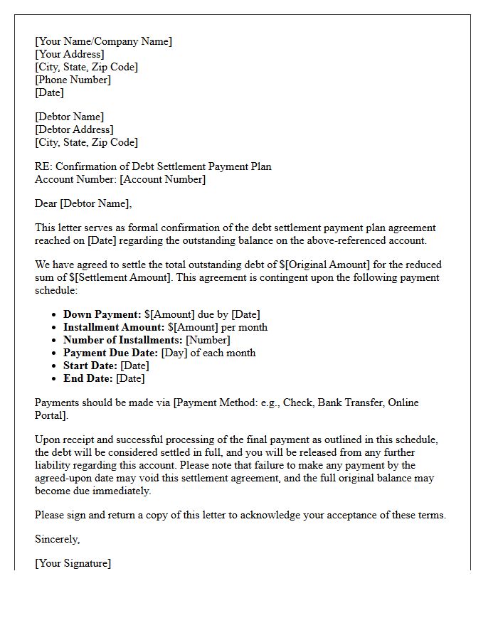 Settlement Debt Payment Plan Agreement Confirmation Letter